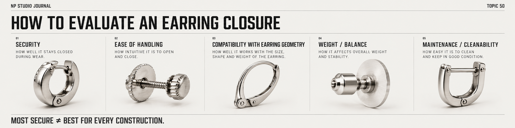 Educational infographic for evaluating an earring closure by security, ease of handling, compatibility with geometry, weight or balance and maintenance; the most secure system is not universally best