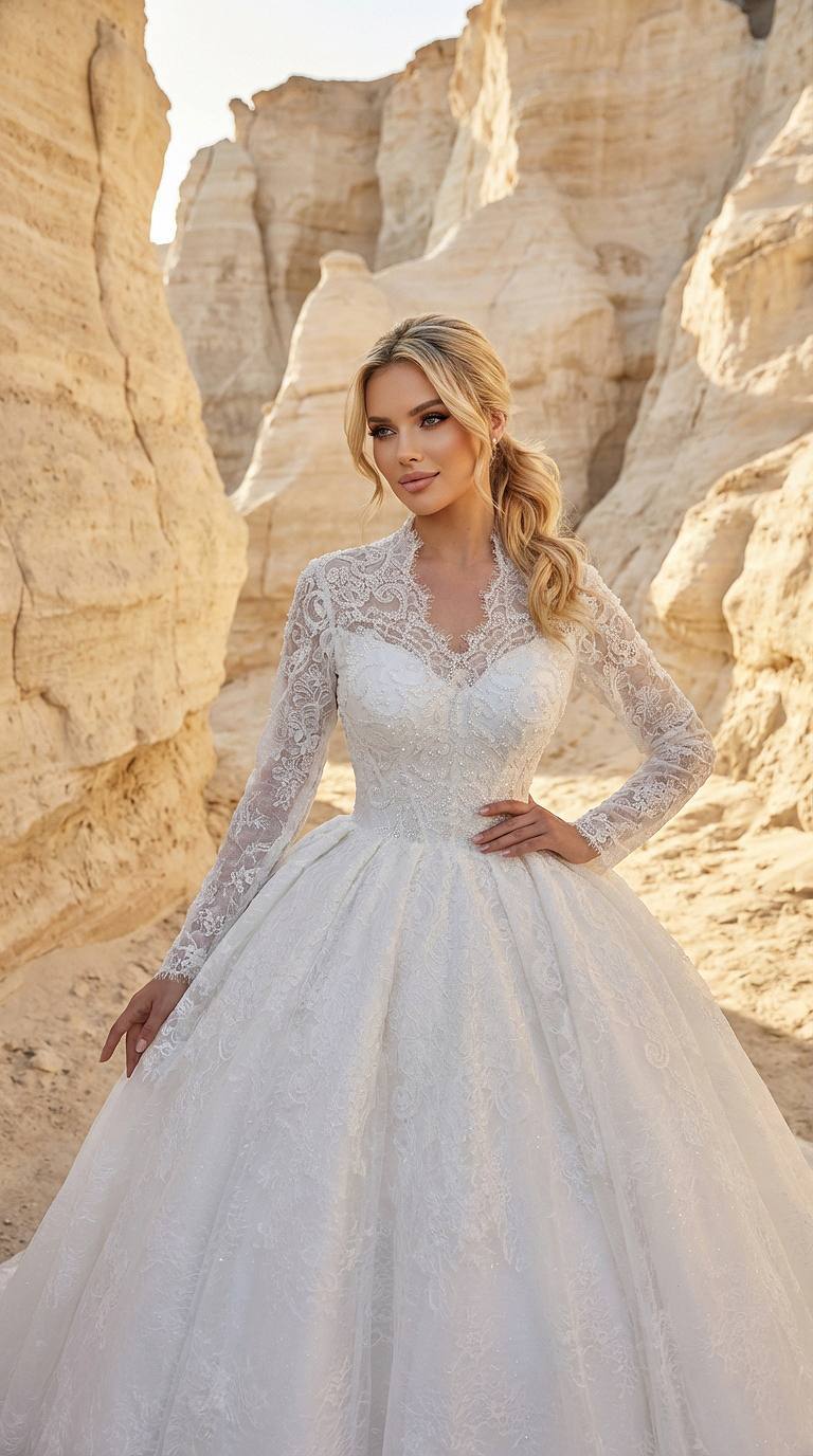 королевское свадебное платье с длинными рукавами