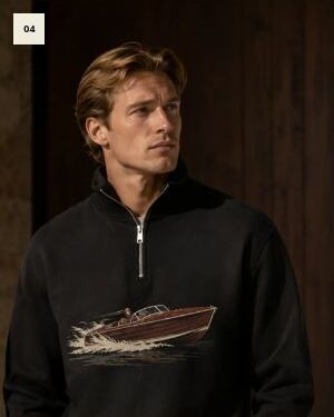Чёрный свитшот quarter-zip с принтом винтажного катера