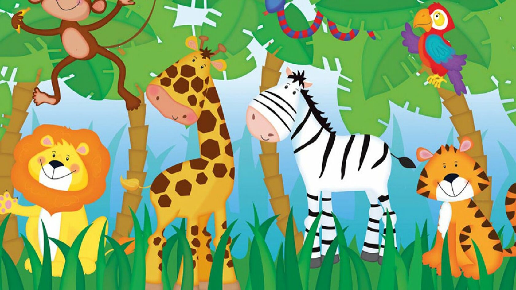 Детский сад для зверей. Обитатели джунглей для детей. Африканские животные для детей. Яркие детские иллюстрации. Африка для малышей.