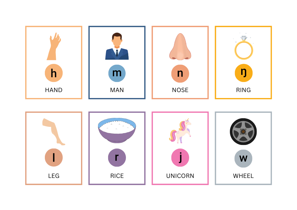 Карточки английских согласных звуков с примерами слов: h — hand, m — man, n — nose, ŋ — ring, l — leg, r — rice, j — unicorn, w — wheel