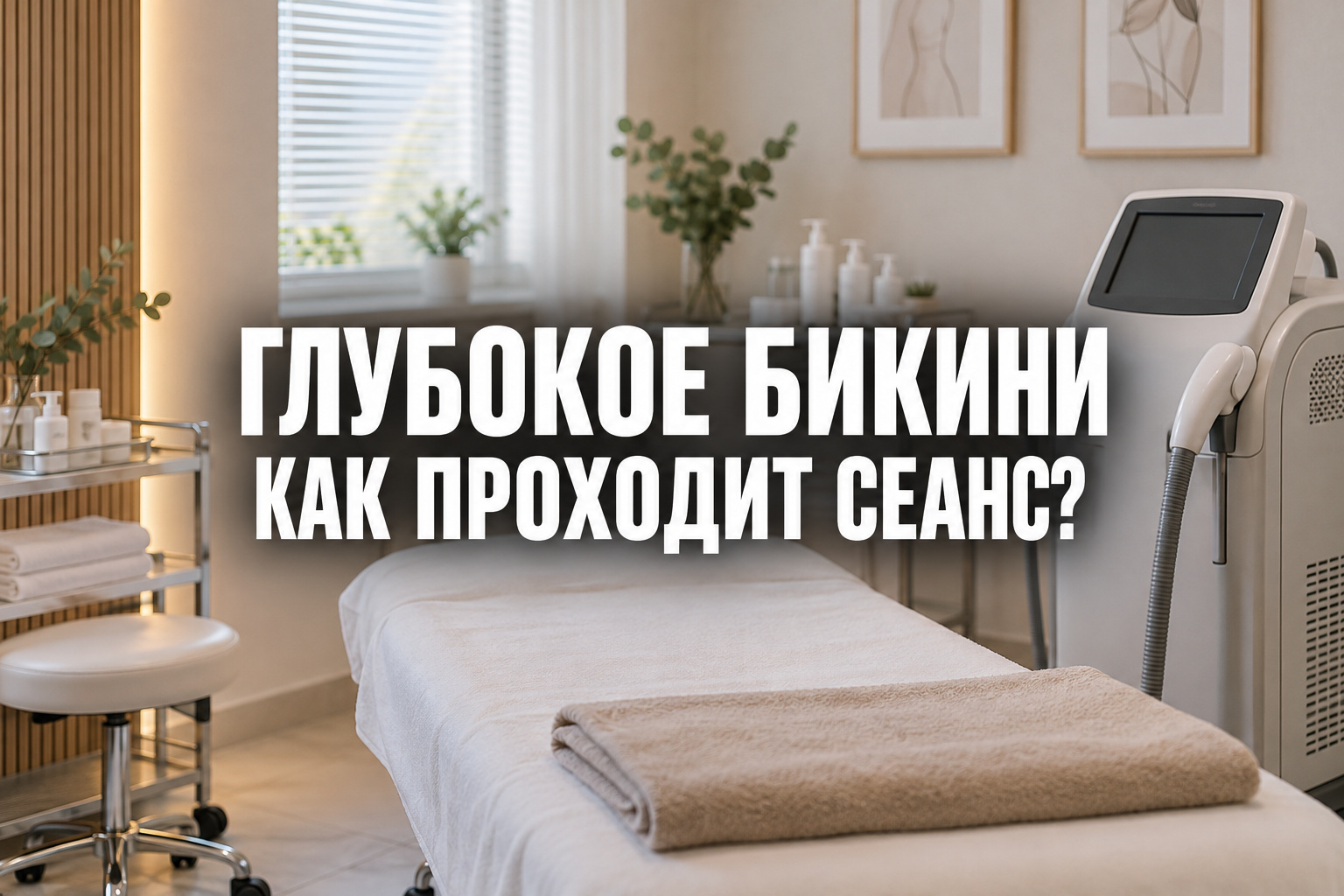 Обложка статьи о лазерной эпиляции глубокого бикини с центрированной фразой «ГЛУБОКОЕ БИКИНИ — КАК ПРОХОДИТ СЕАНС?»