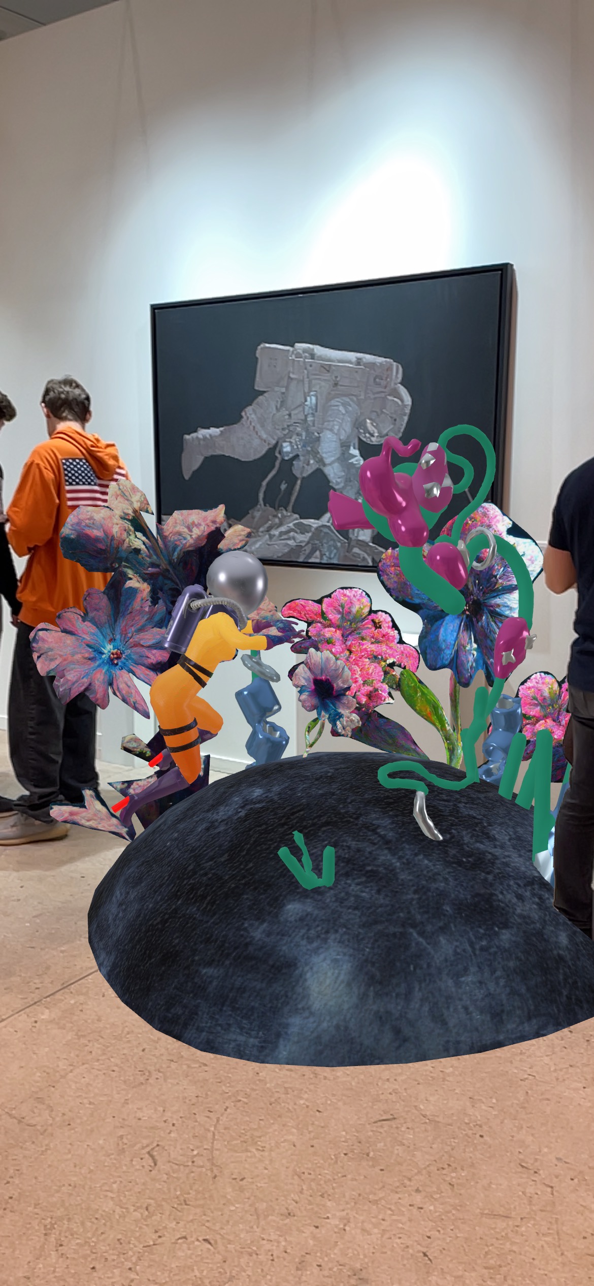 Colourful AR flowers and figures superimposed on an art gallery interior.