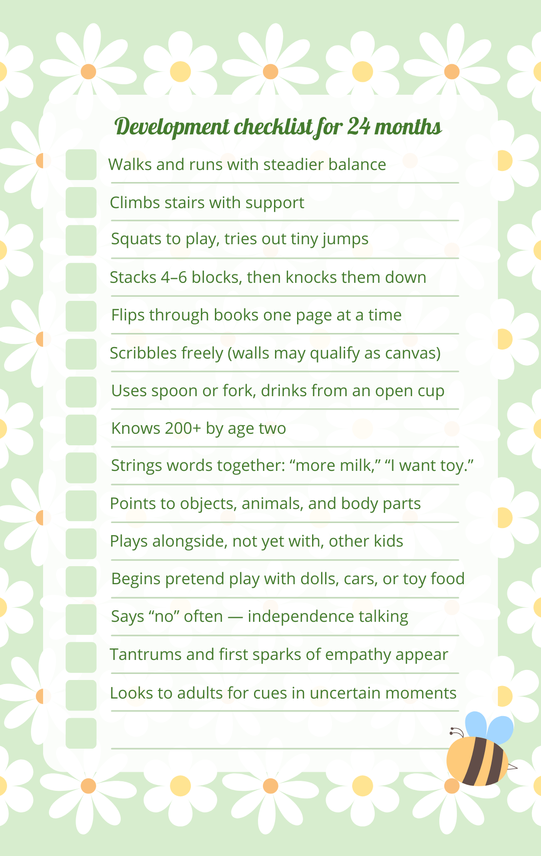 2-year-old milestone checklist with toddler milestones like walking, talking, play, and early empathy..
