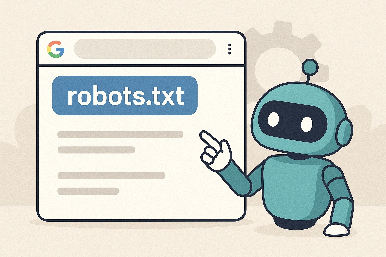 Робот поисковой системы указывает на файл robots.txt на экране браузера — визуализация взаимодействия поискового бота с директивами индексирования сайта