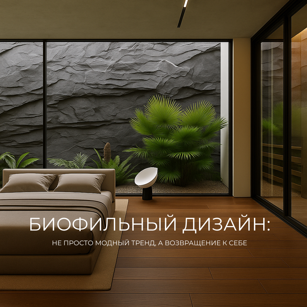 Современная спальня в стиле биофильного дизайна: минималистичная кровать, тёплый деревянный пол и панорамные окна с видом на внутренний дворик с каменной стеной и густыми тропическими растениями. В интерьере чувствуется гармония с природой. Текст на изобр