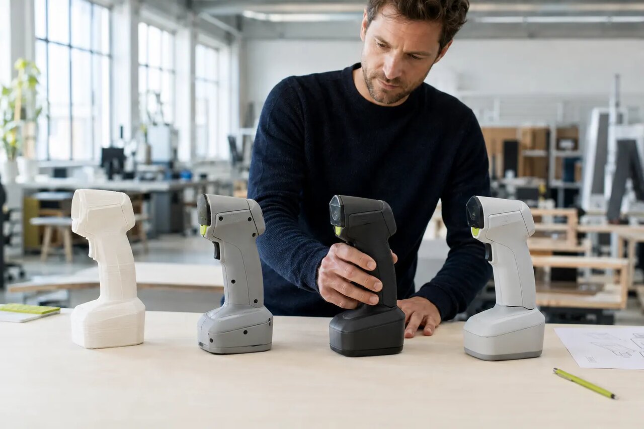 Инженер сравнивает несколько последовательных 3D-печатных прототипов нового изделия