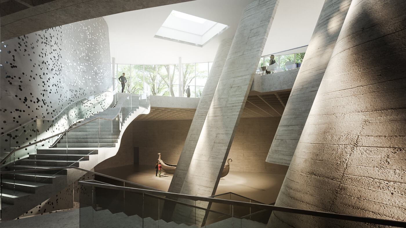 Interior architectural rendering of modern art museum with geometric shapes and glass walls