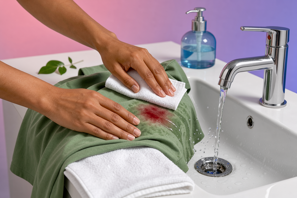 Hands gently blotting a fresh stain on a garment over a sink with running cold water; a clean white towel under the fabric, no brand labels visible
