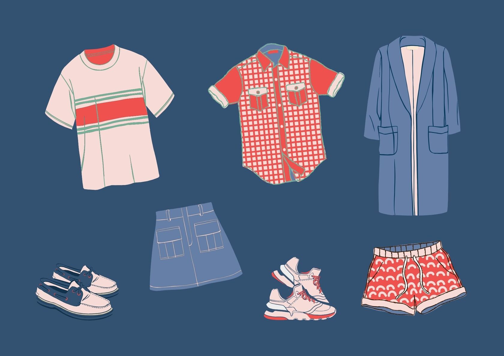 Модная летняя одежда и обувь в плоском стиле: футболка, рубашка, пальто, юбка, шорты, кроссовки и мокасины