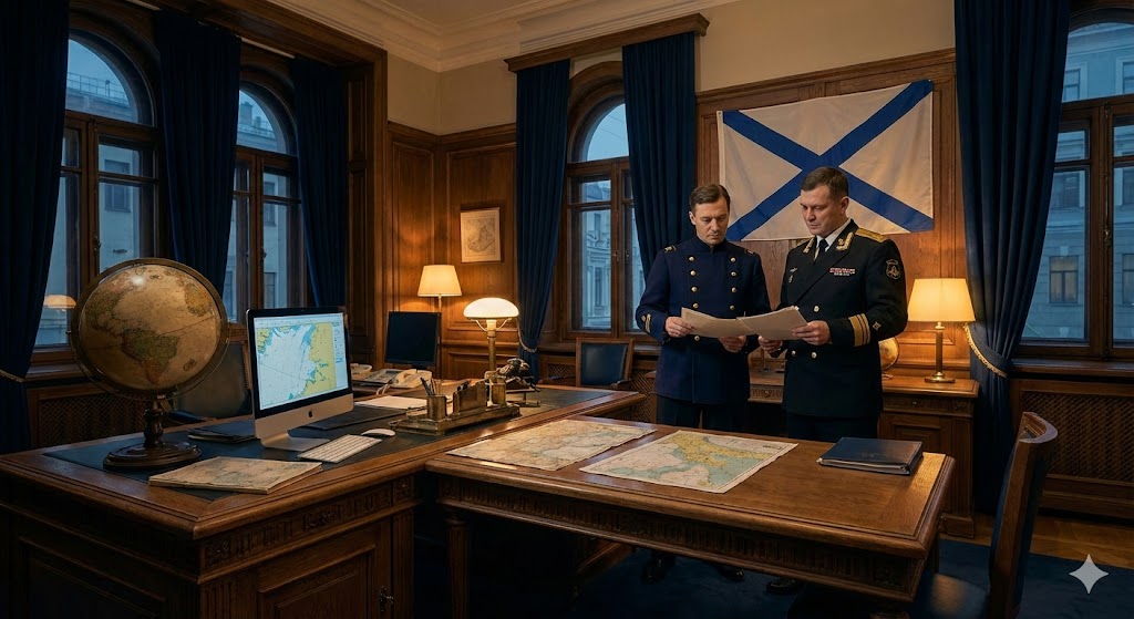 Офицеры ВМФ России в парадной форме на фоне Андреевского флага и карт в День главного штаба 15 января.