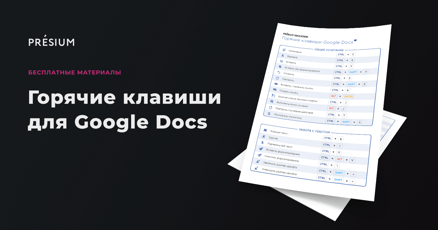 Горячие клавиши для Google Docs