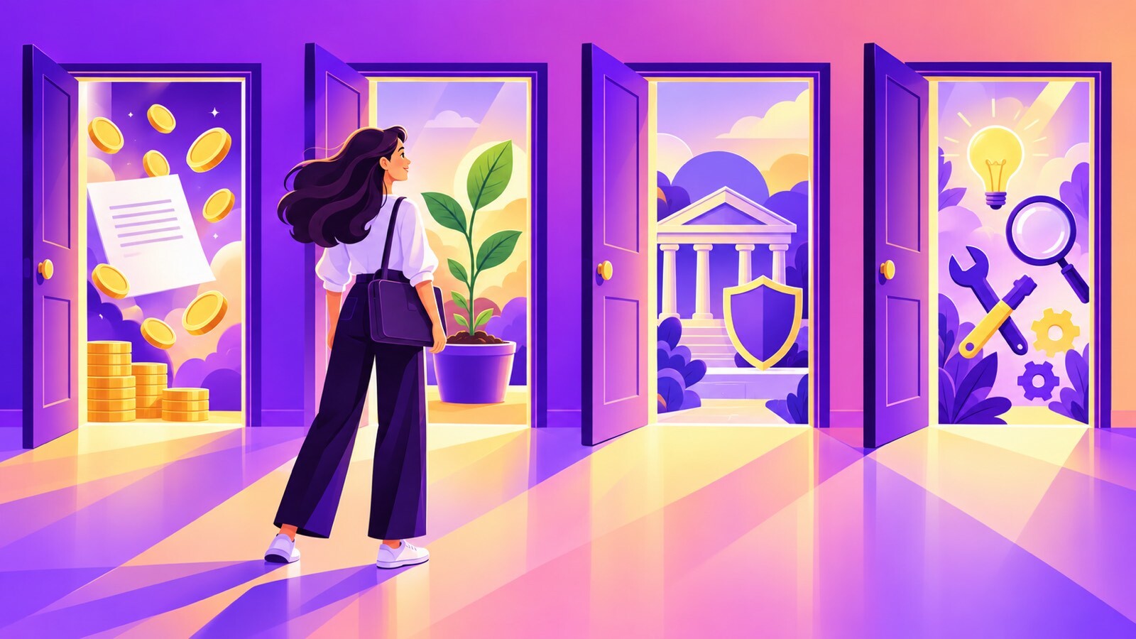 European funds for startups illustration: a founder choosing between four doors for grants, equity, loans and free services