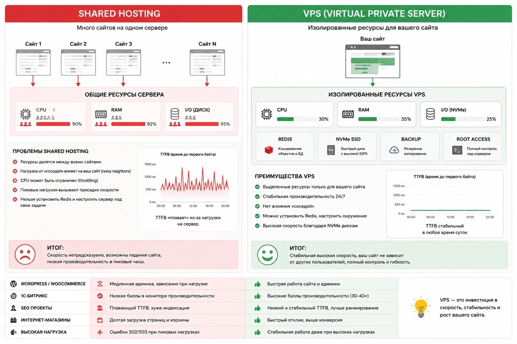 Сравнение shared hosting и VPS для WordPress, WooCommerce и Bitrix: isolated resources, Redis, NVMe SSD и стабильный TTFB для SEO-проектов
