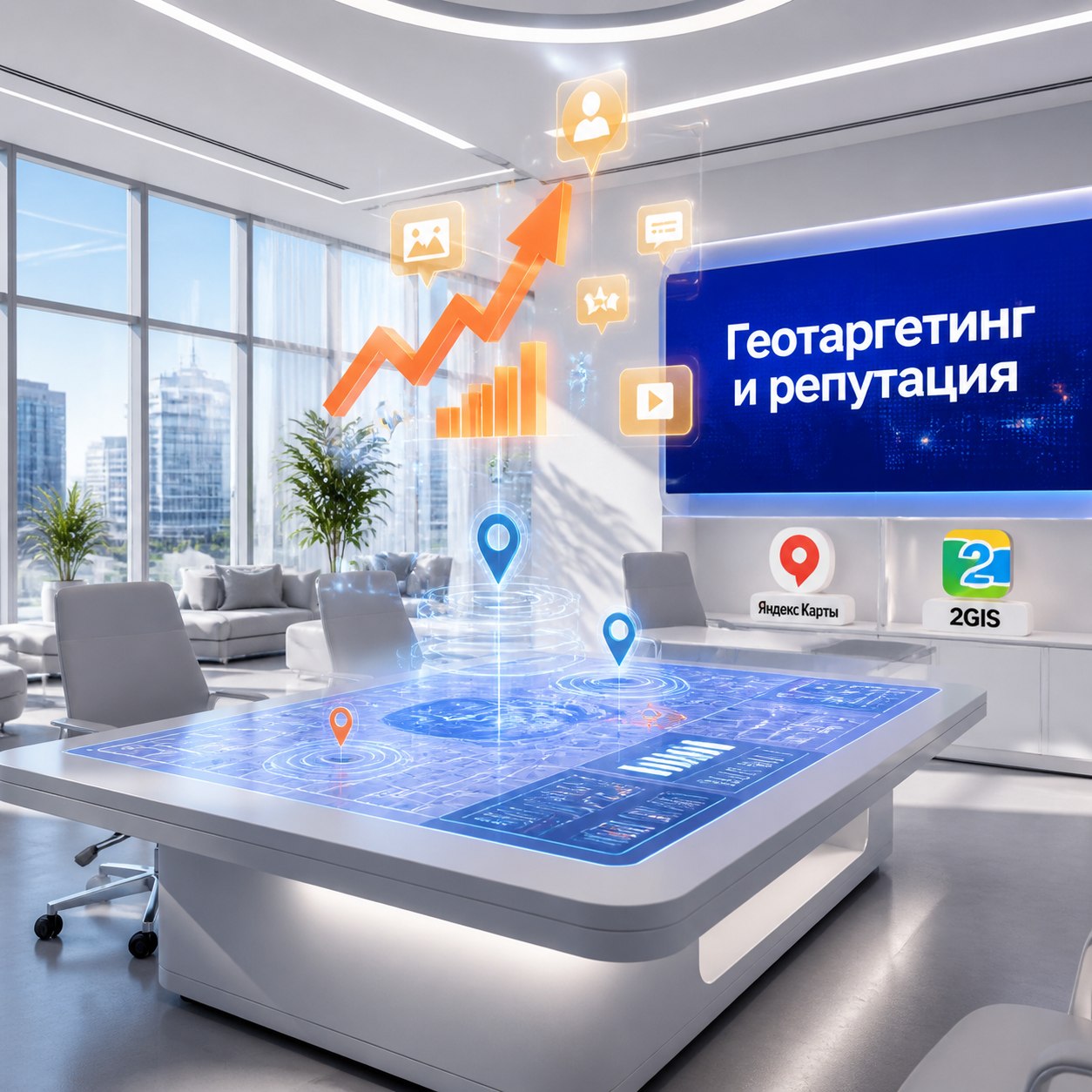 Креативный коворкинг с голографическим столом и LED-панелью геотаргетинг и репутация в ярких фирменных цветах с 3D-логотипами Яндекс Карт и 2GIS