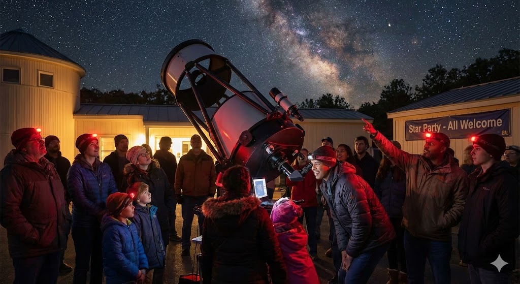 Люди смотрят в телескоп в обсерватории в День астероида