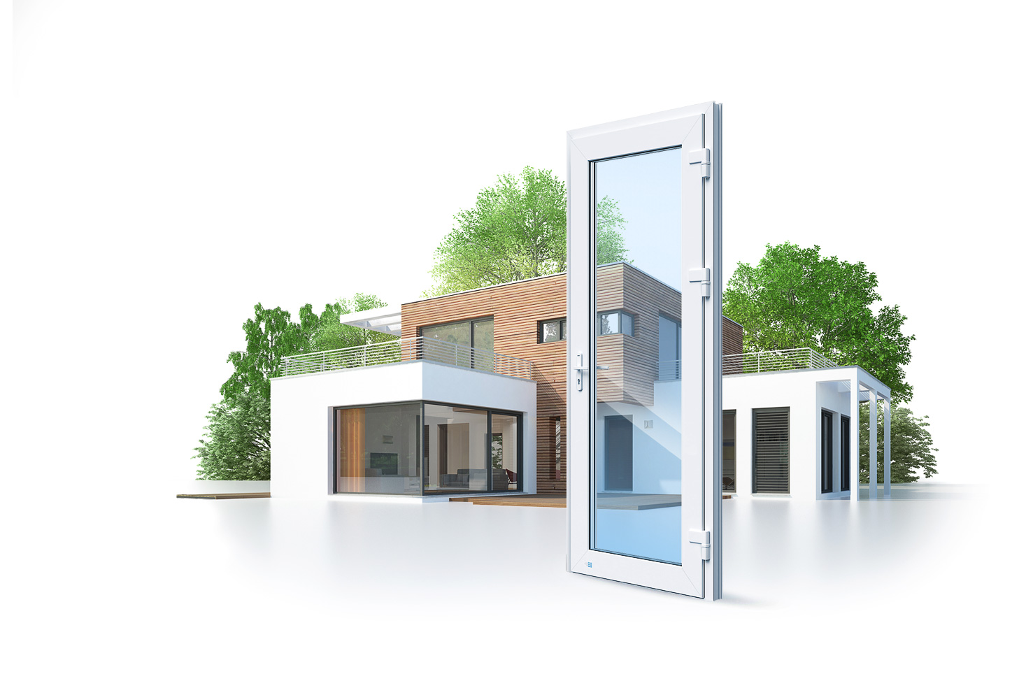 Современный дом с панорамной дверью Rehau