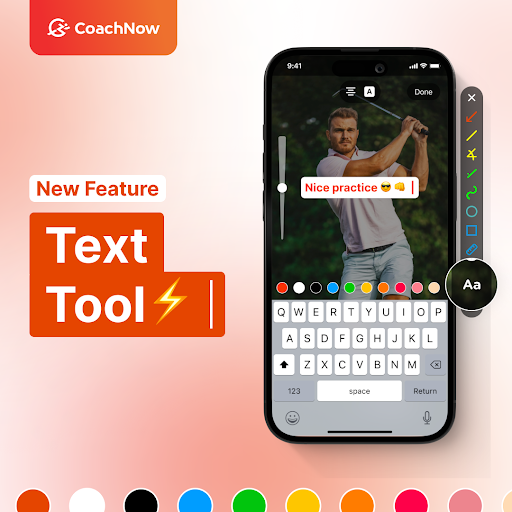 coachnow new feature text tool, iphone showing a man swinging a golf club with text overlay