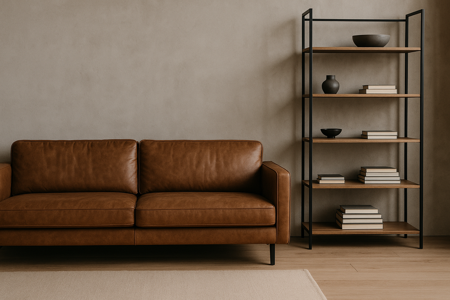 Мебель в стиле лофт: кожаный диван, металлический стеллаж, минимум декора