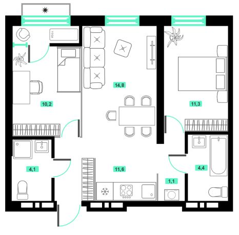 Евро-3-комн 58 м²