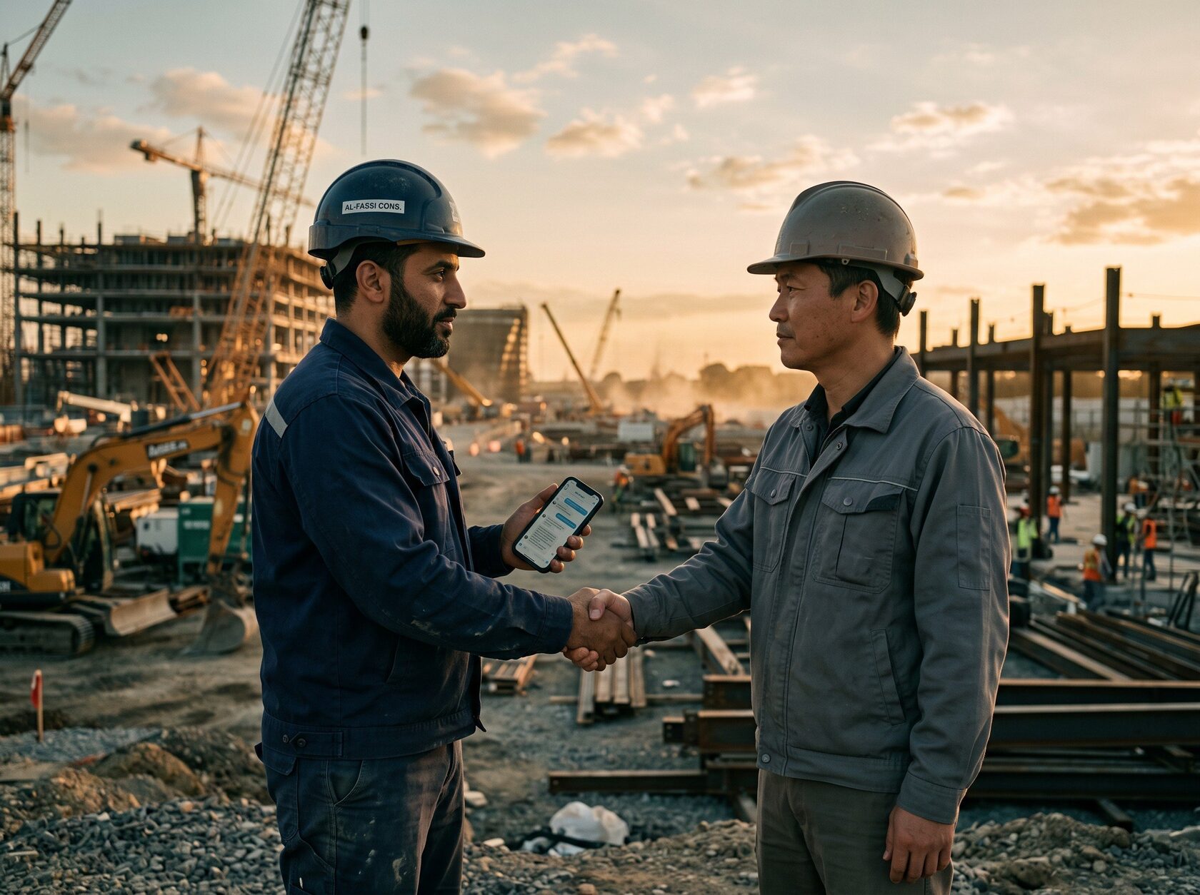 Deux hommes se serrent la main sur un chantier
