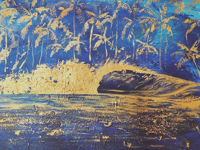 Abstract tropical scene, dissolving forms in gold, blue and grey — memory becoming paint