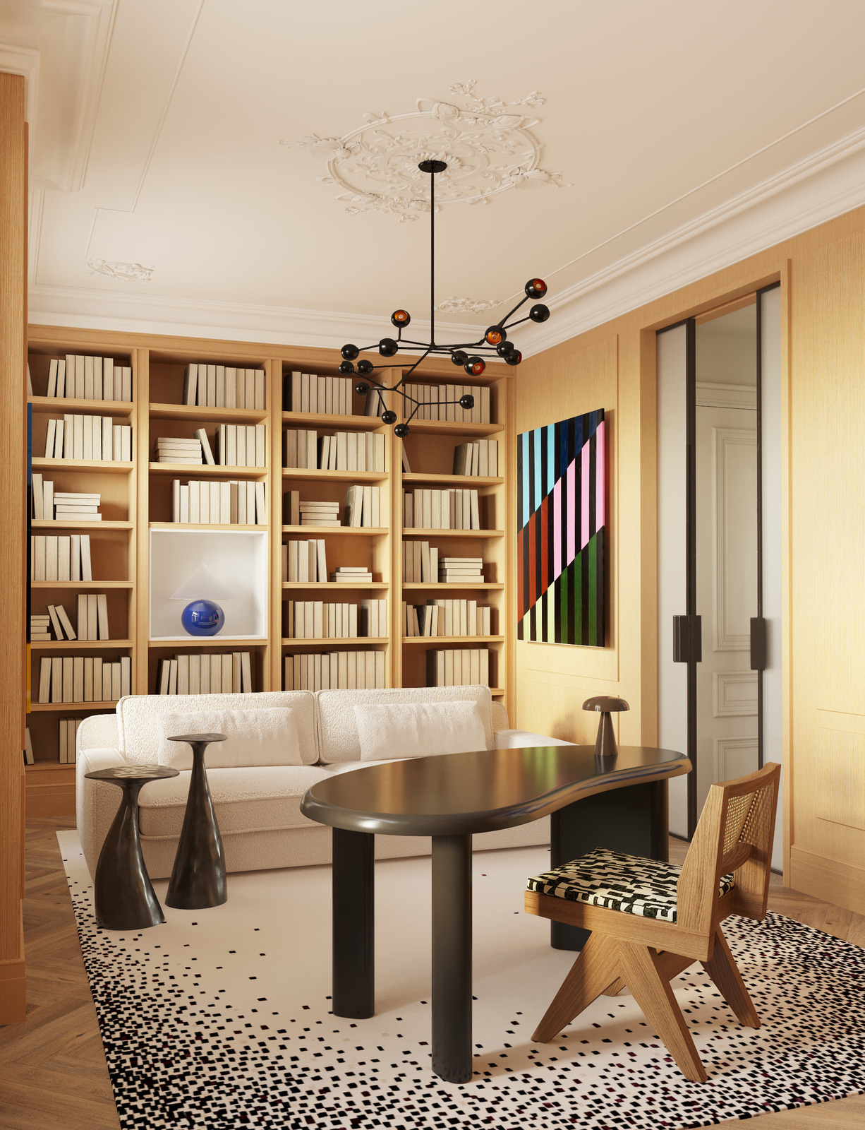 Светильник Pouenat, стол и стул Cassina, диван Meridiani, ковёр Atelier Fevrier в кабинете дизайн-проекта Екатерины Фёдоровой