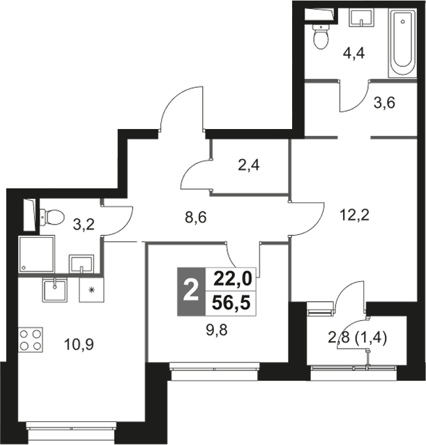 2-комн — 56,5 м²