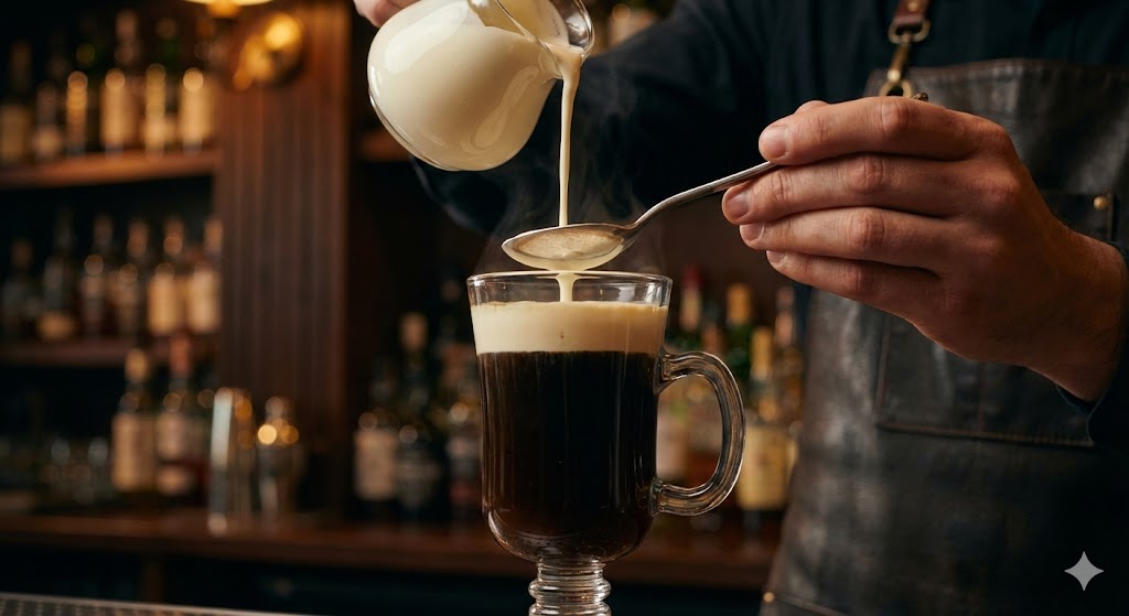 Процесс приготовления ирландского кофе: наливание сливок через ложку в бокал