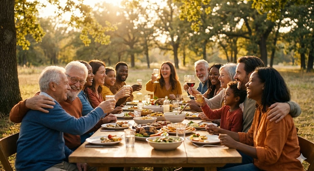 Большая счастливая семья отмечает Международный день семей за праздничным столом на природе