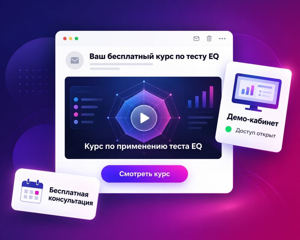 Что приходит после заявки: письмо с обучающим курсом по тесту EQ, доступ в демо-кабинет и запись на бесплатную консультацию