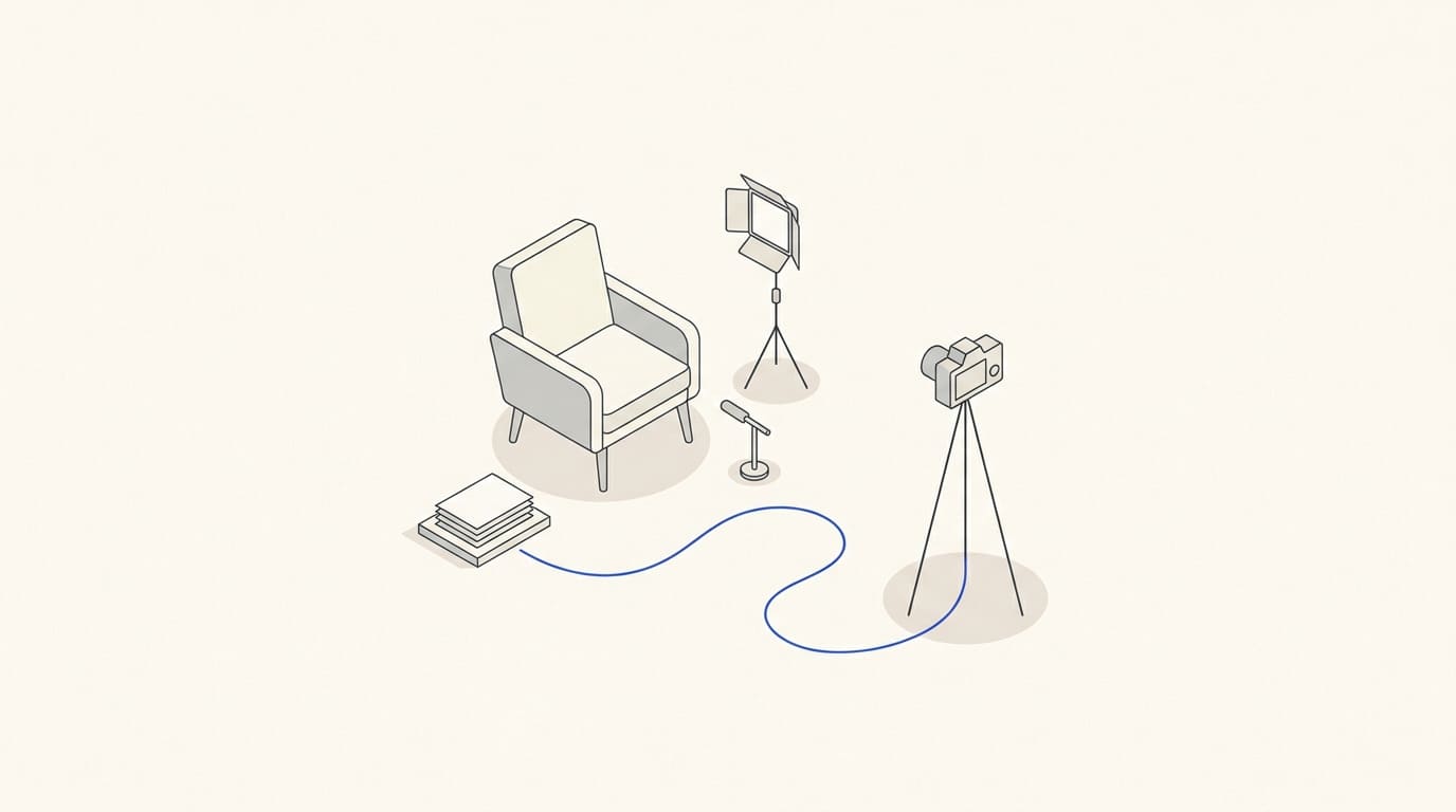 An empty chair facing a camera beside a microphone, rehearsal cards and a soft light.