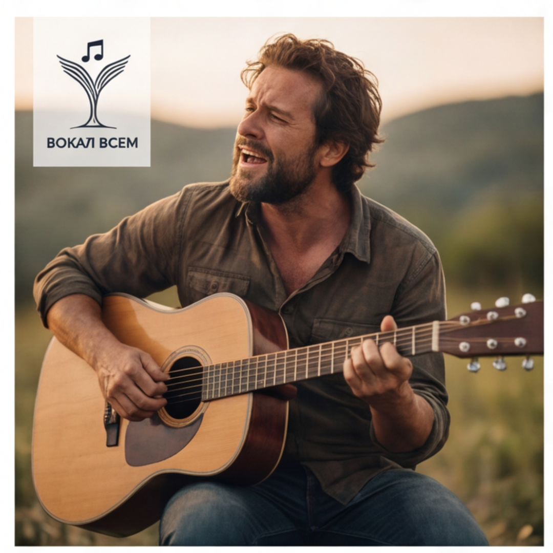 Взрослый мужчина играет на гитаре как хобби в школе музыки Вокал Всем