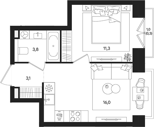 1‑комн квартира ~38 м²