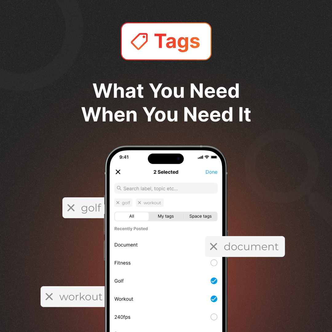 tags what you need when you need it iphone showing coachnow app and document, workout, and golf tags