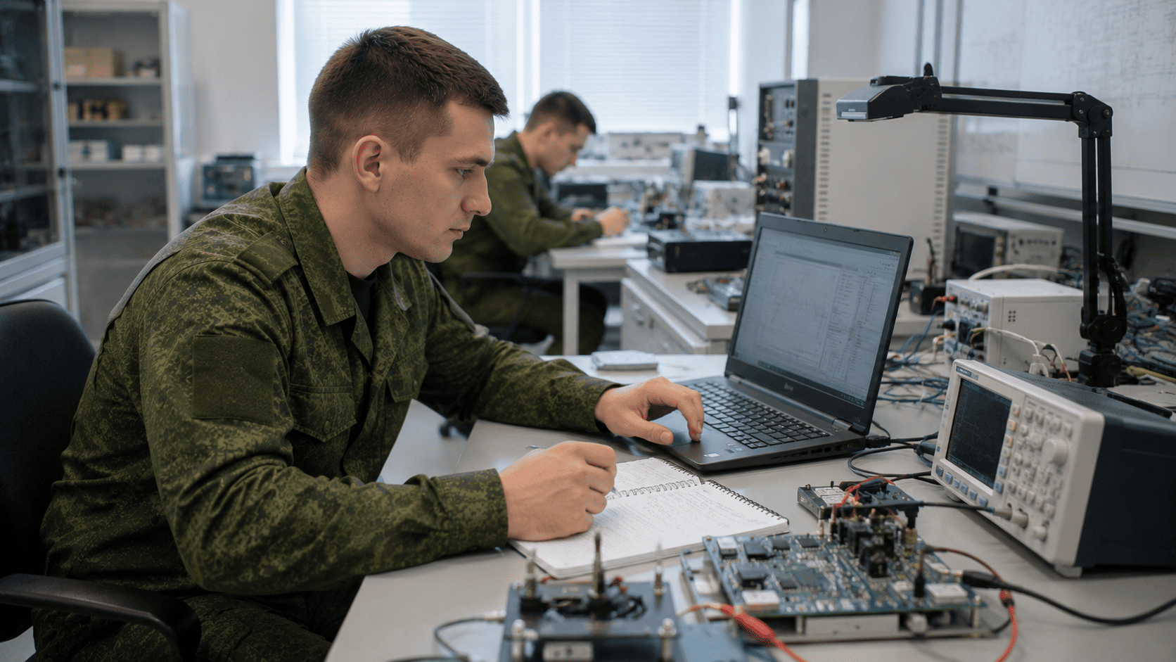 Военнослужащий научной роты работает с ноутбуком и лабораторным оборудованием