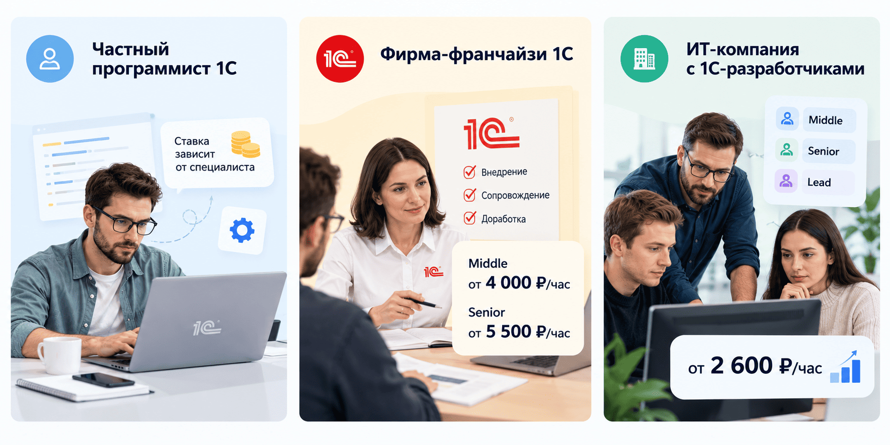 Сравнение стоимости часа программиста 1С в 2026 году: частный разработчик, франчайзи 1С и ИТ-компания, ставки и условия работы.