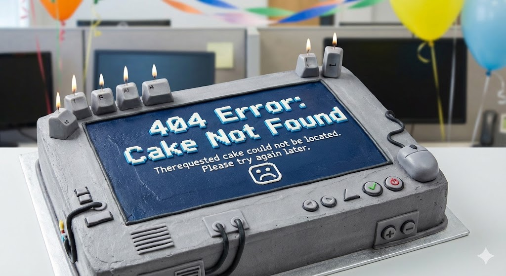 Праздничный торт для веб-мастера с надписью Ошибка 404 