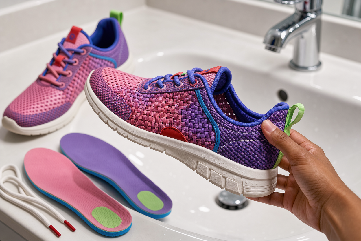 pair of textile sneakers being inspected by hand over a sink, showing removed insoles and laces, close-up of fabric and sole