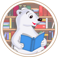 Белый мишка Умка с синей книгой в руках на фоне полок с книгами