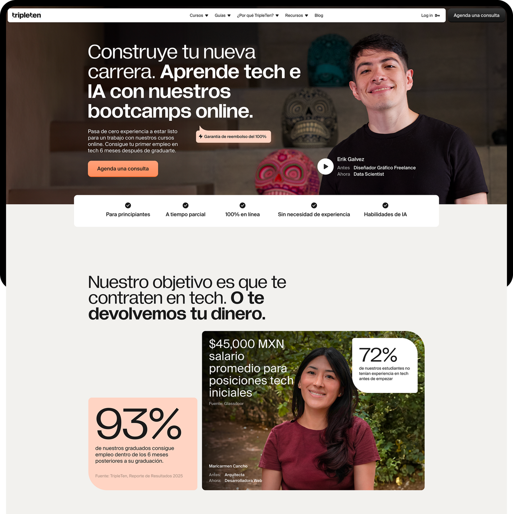 TripleTen Latin America bootcamp landing page, &ldquo;Construye tu nueva carrera&rdquo;, with a 93% employment statistic