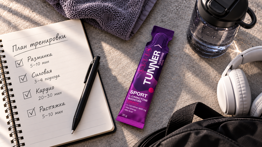 Стик TUNNER SPORT L-CARNITINE BOOSTER рядом с блокнотом с планом тренировки