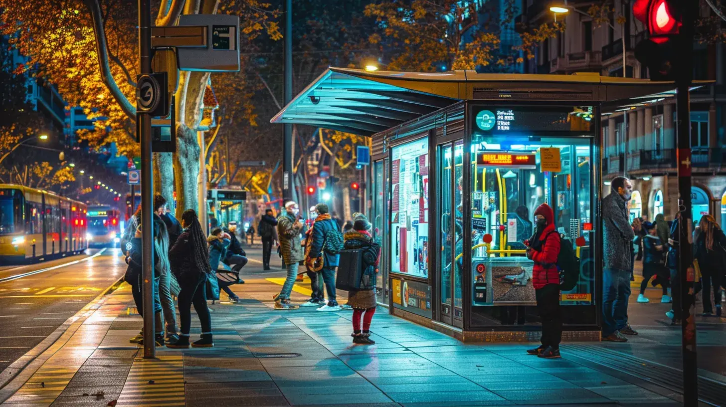 a vibrant urban bus stop in barcelona bustling with diverse tourists consulting clear route maps and signage, framed by iconic city architecture under bright overhead lights.