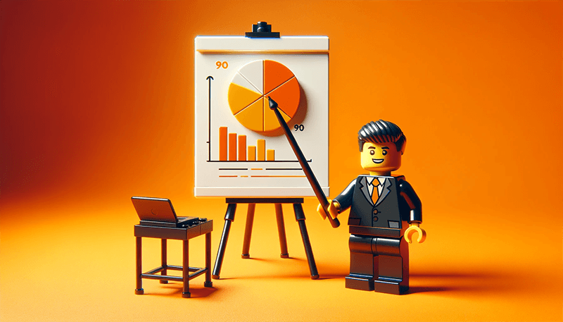 лего-человечек в деловом костюме стоит возле доски с графиком