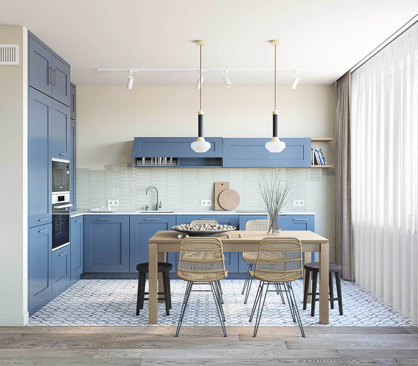 угловая кухня, прямоугольный стол, плитка, стулья обеденные 