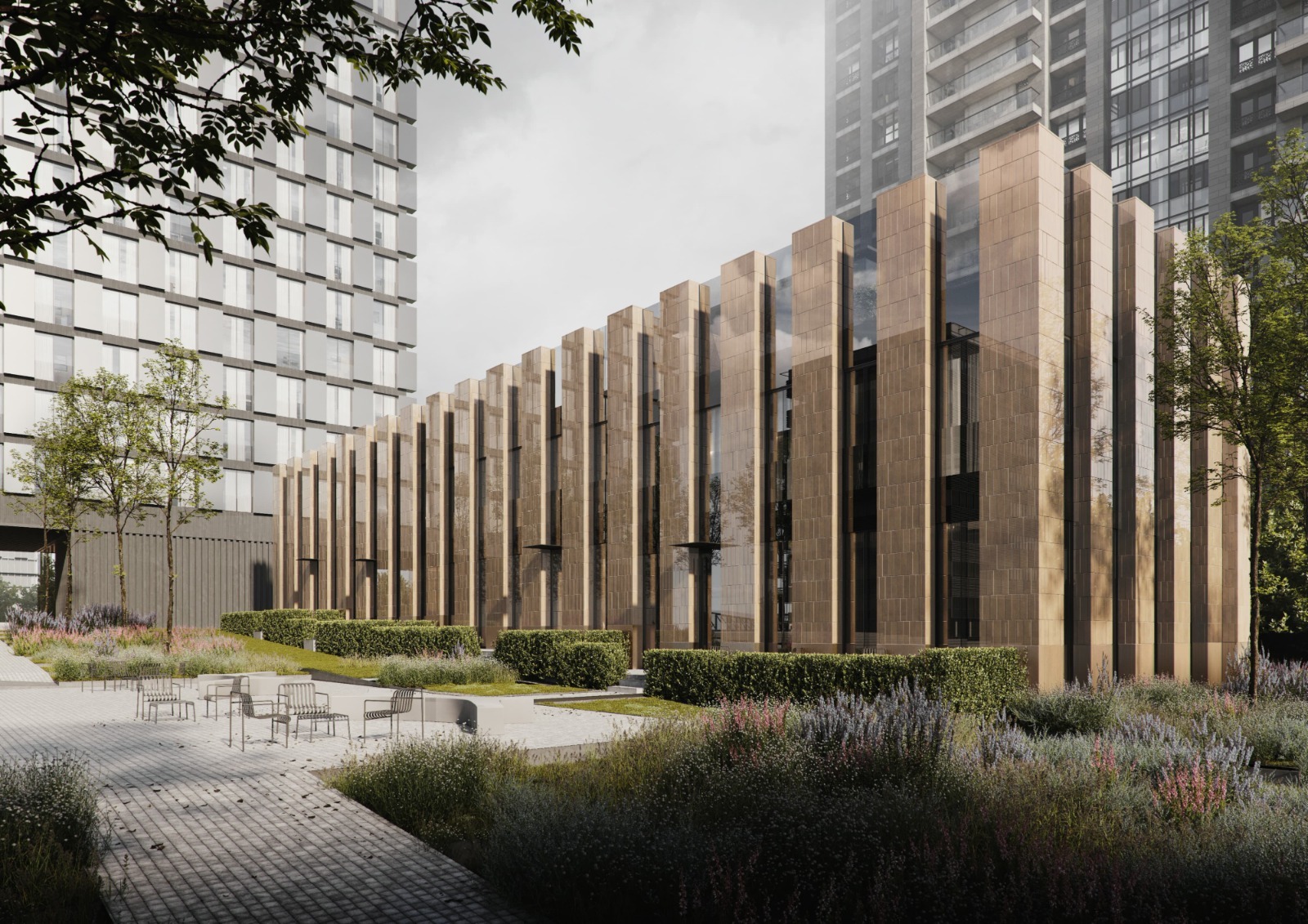 терраса к дому. вид сверху жилой комплекс стеклянный фасад. Onest интеко. Onest жк сергея макеева. втц 4.