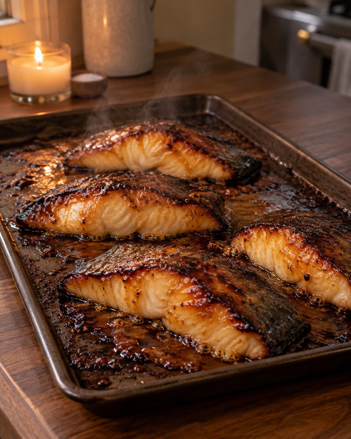 Four black cod fillets just out from under the broiler on a sheet pan, the miso glaze deep amber and bubbling