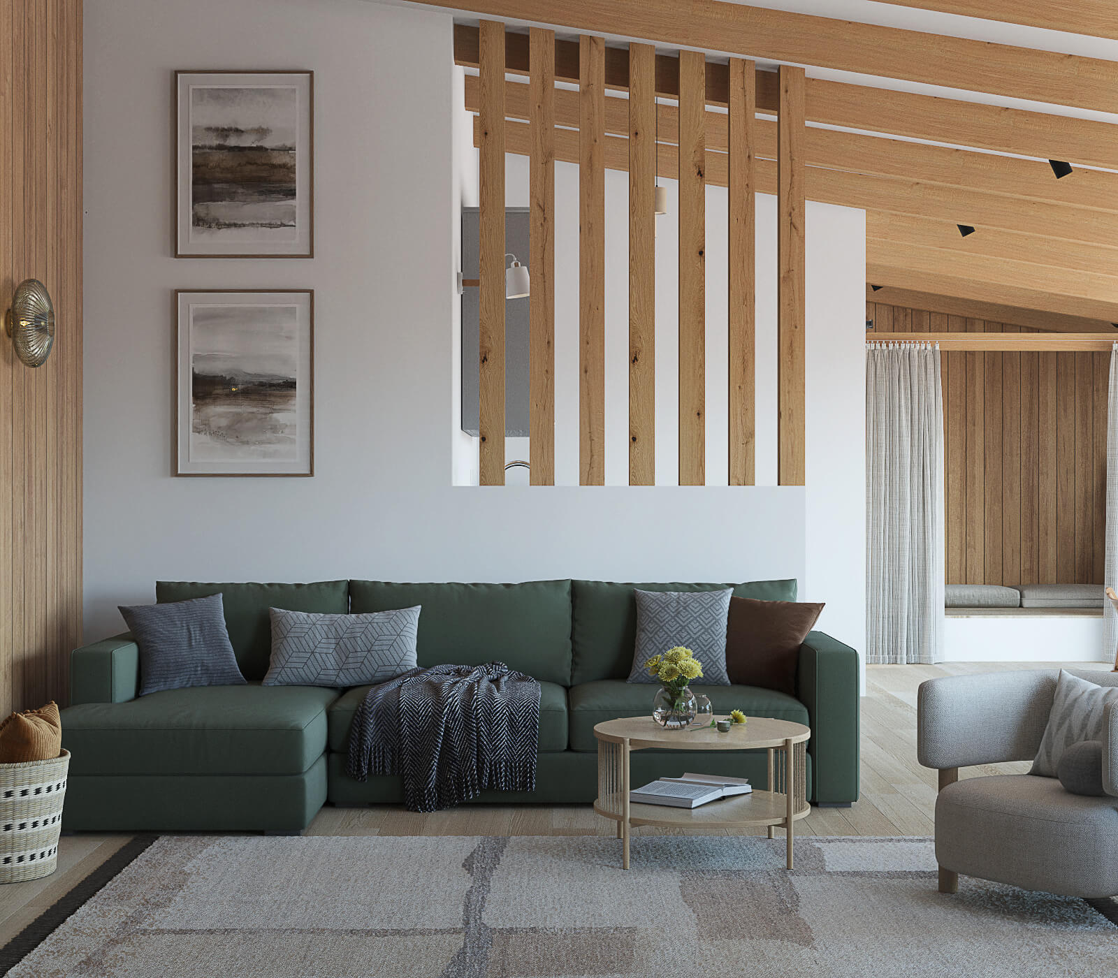 пристройка к дому с кухней, диван зеленого цвета. 