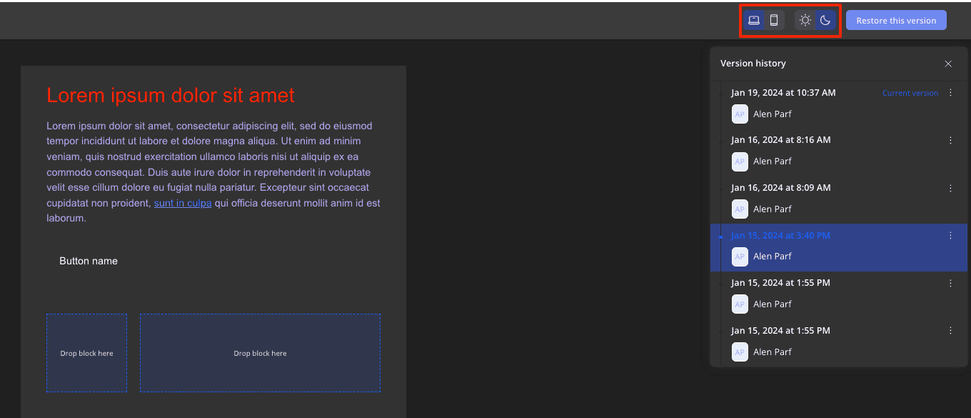 Preview also dark and mobile mode of a version