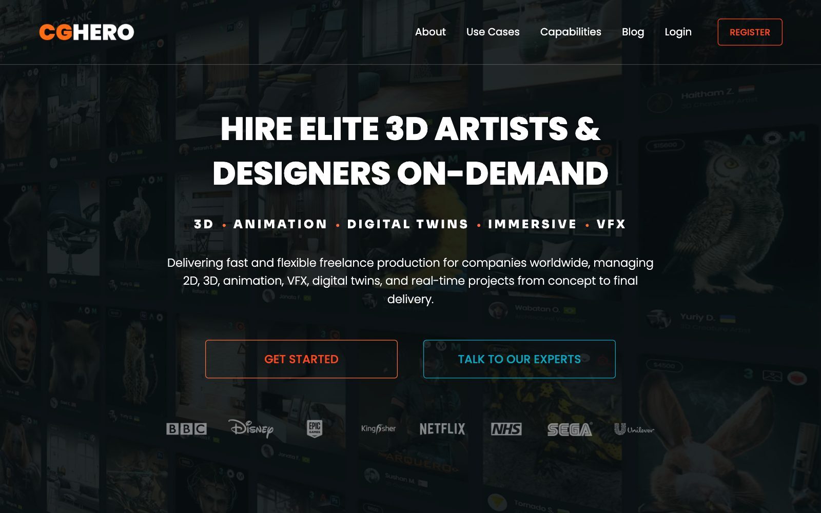 Screenshot of the CGHero homepage with the headline Hire elite 3D artists and designers on-demand, its services 3D, animation, digital twins, immersive and VFX, and client logos